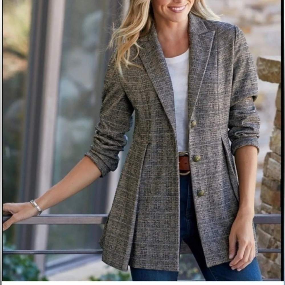 Soft Surroundings Jessamyn Glen Plaid Blazer Jacket Gray Equestrian XS Oversized